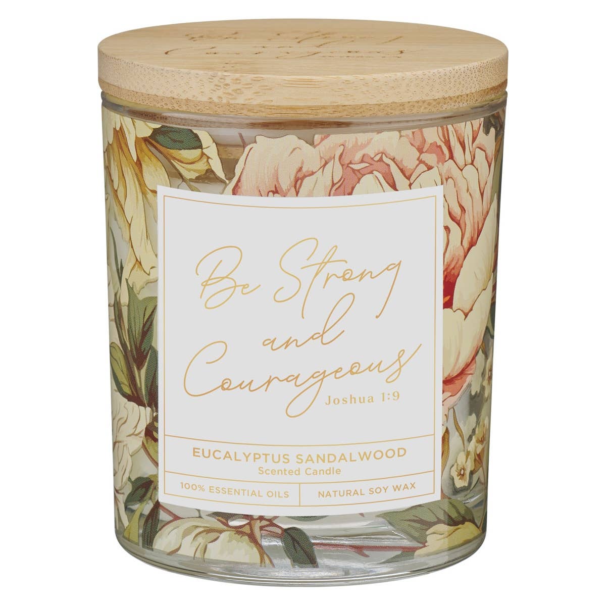 Glass Candle Bamboo Lid Floral Strong & Courageous Josh 1:9