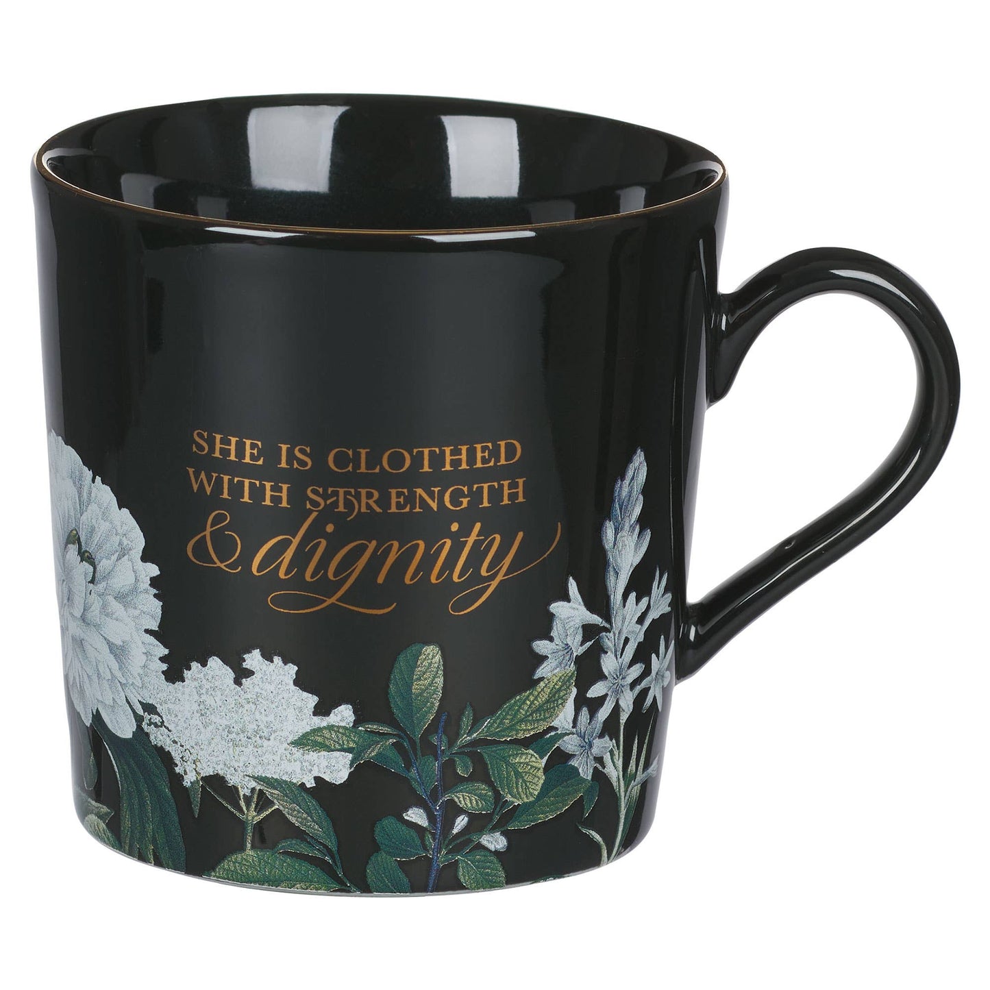 Mug Black Floral Strength & Dignity Prov. 31:25