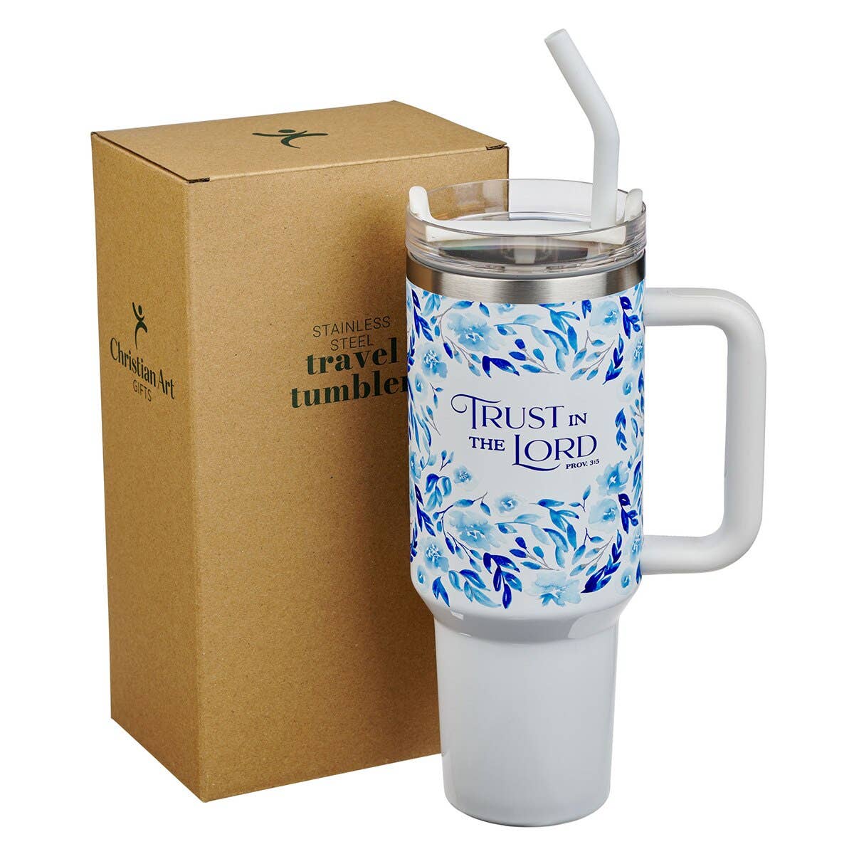 Tumbler w/straw SS Blue Floral Trust Prov. 3:5