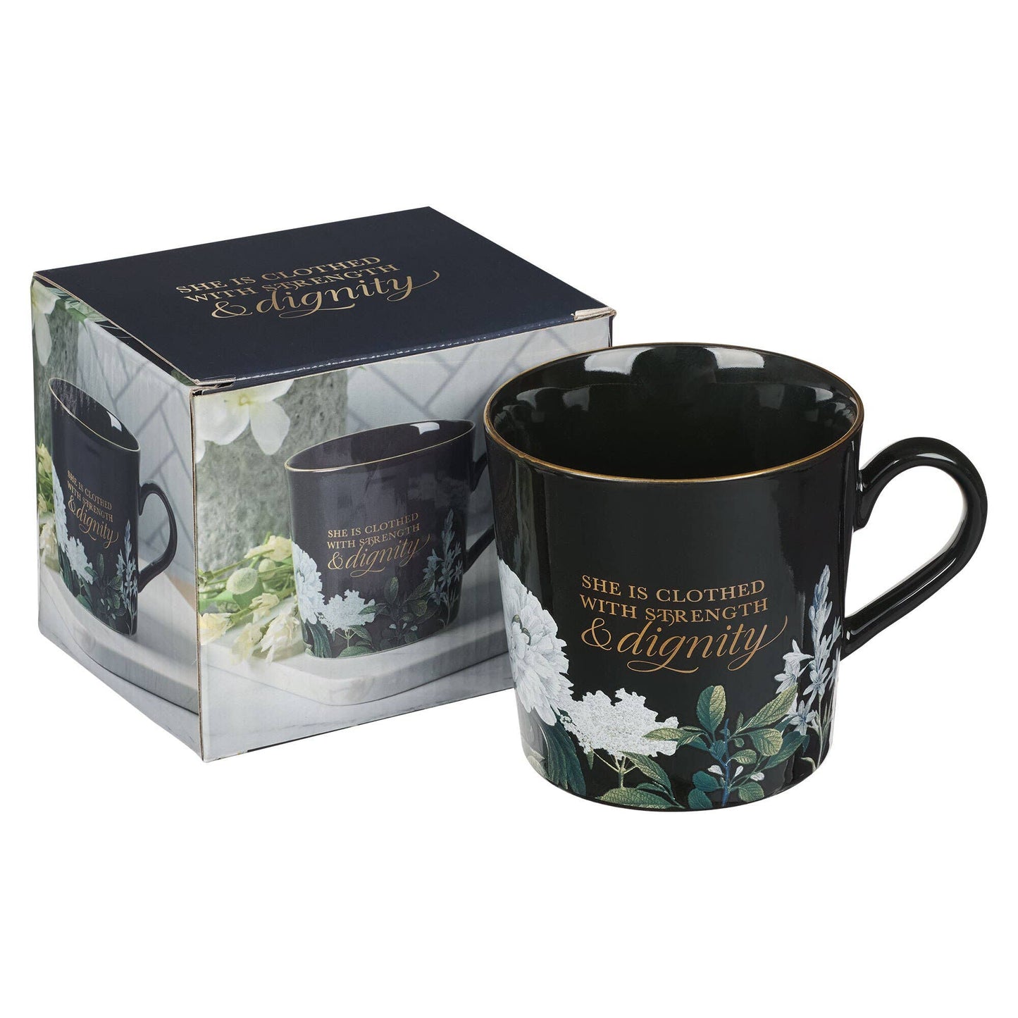 Mug Black Floral Strength & Dignity Prov. 31:25