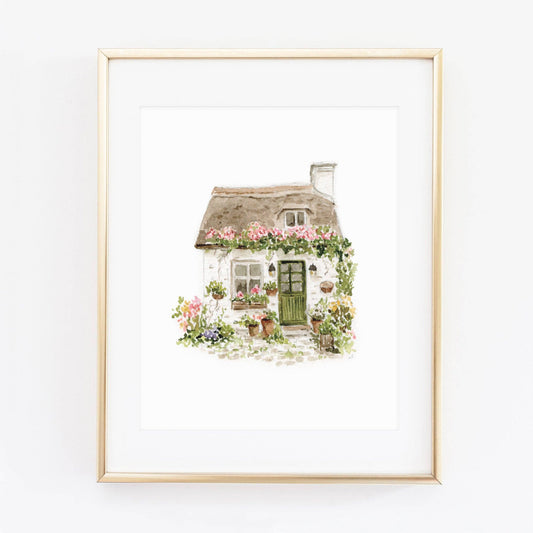 Rose Cottage Watercolor Wall Art Print