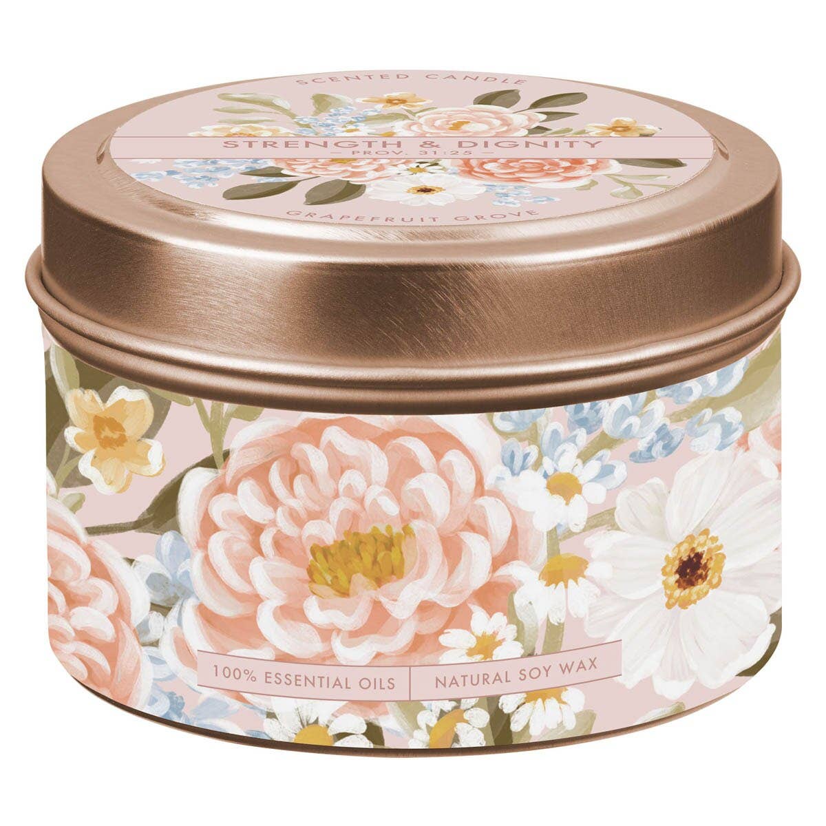 Tin Candle Floral Pink Strength & Dignity Grapefruit Grove Prov. 31:25
