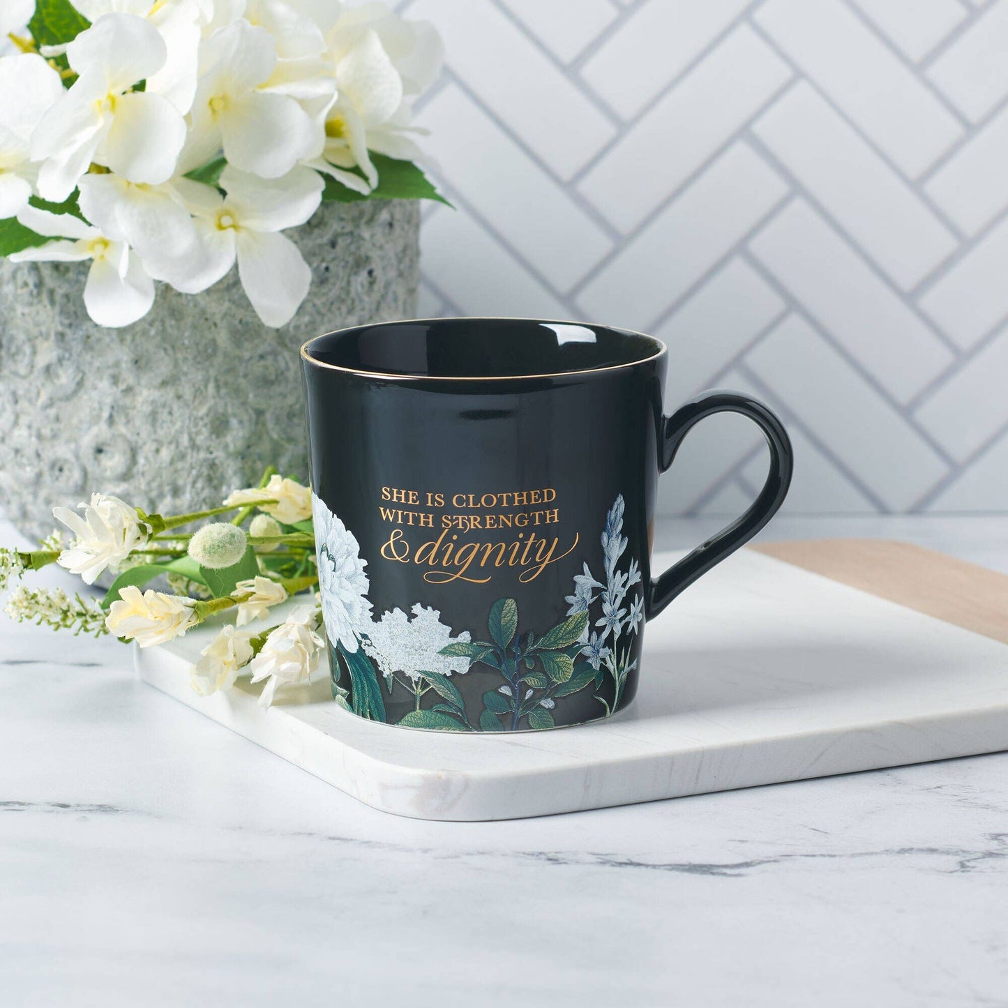 Mug Black Floral Strength & Dignity Prov. 31:25