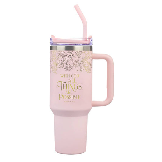 Tumbler w/straw SS Pink With God Matt. 19:26