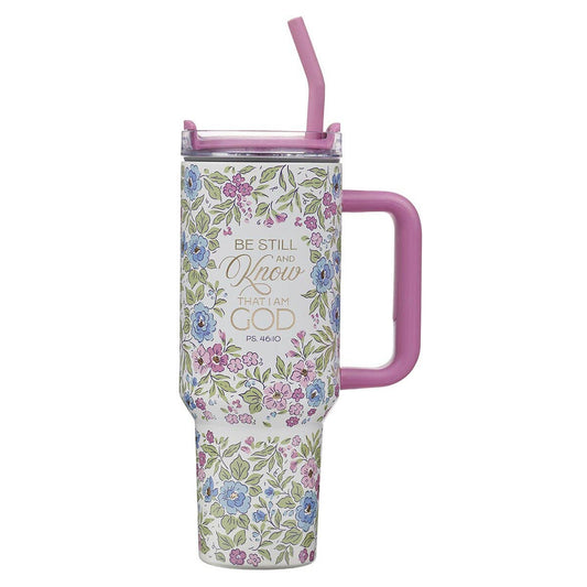 Tumbler w/straw SS Purple Floral Be Still And Know Ps. 46:10