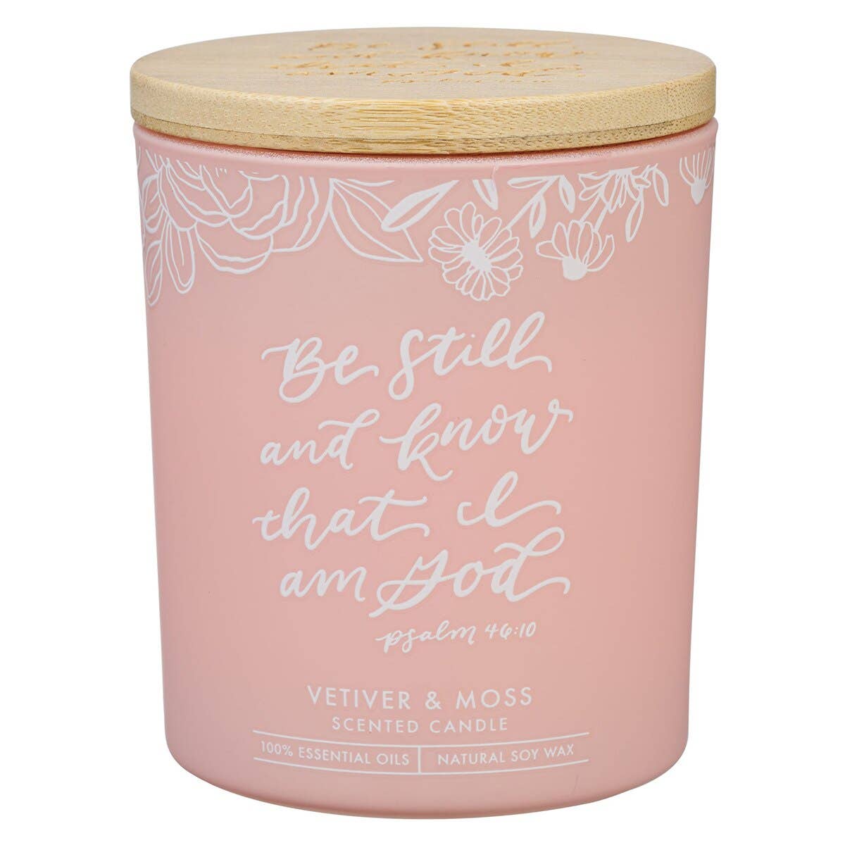 Glass Candle w/Bamboo Lid Pink Be Still Ps. 46:10