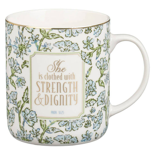 Mug Blue Floral Strength And Dignity Prov. 31:25