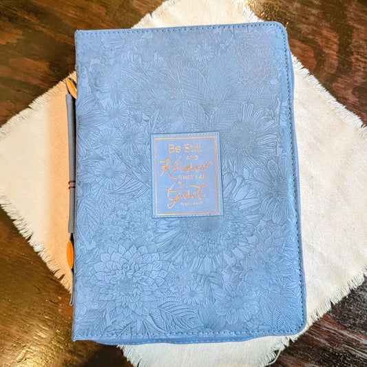Be Still and Know Blue Floral Bible Cover Size Large